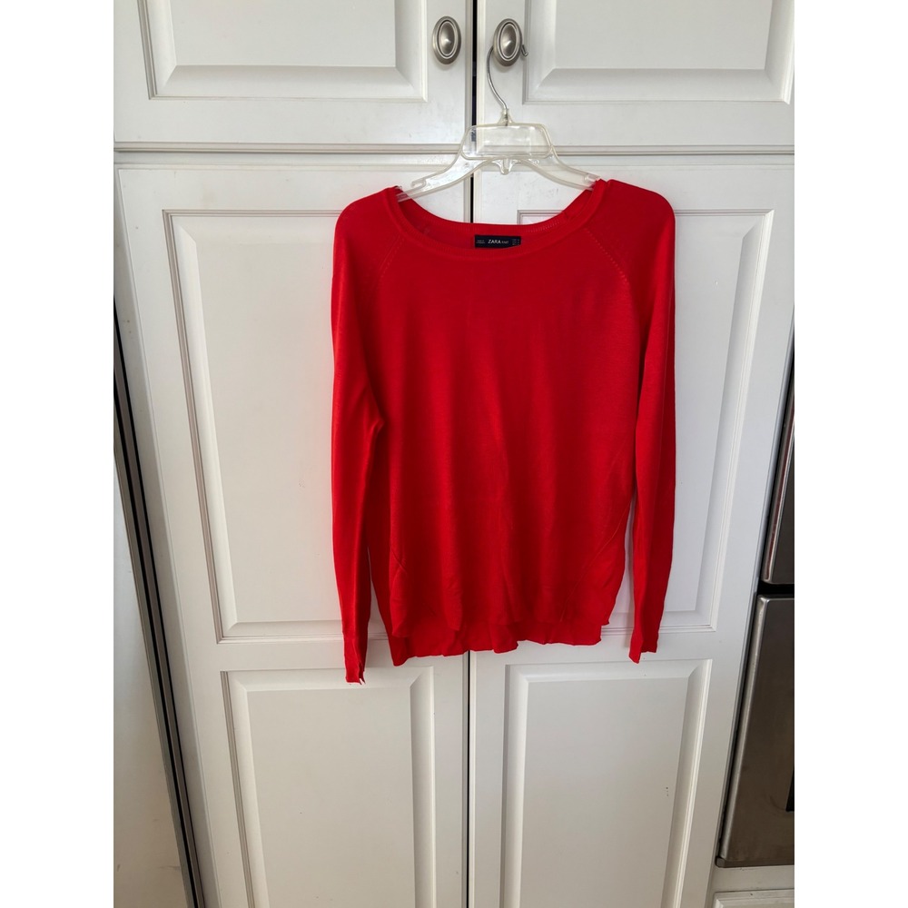 Zara Knit Red Long Sleeve‎ Pullover Sweater Crew Neck Raglan Size Medium